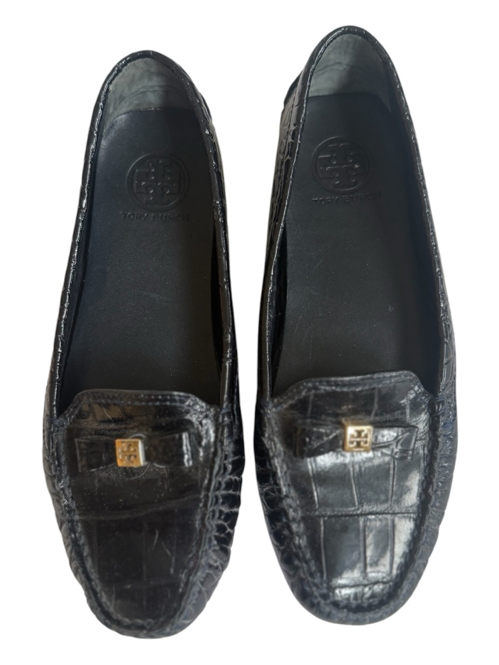 Tory Burch Black Croc-Embossed Leather Driving Loafers - Size 8M Preppy Luxury